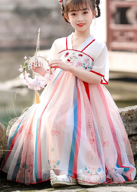 The Latest Trends Chinese Style Red Embroideried Wrinkled Patchwork Chiffon Kids Girls Dresses Summer