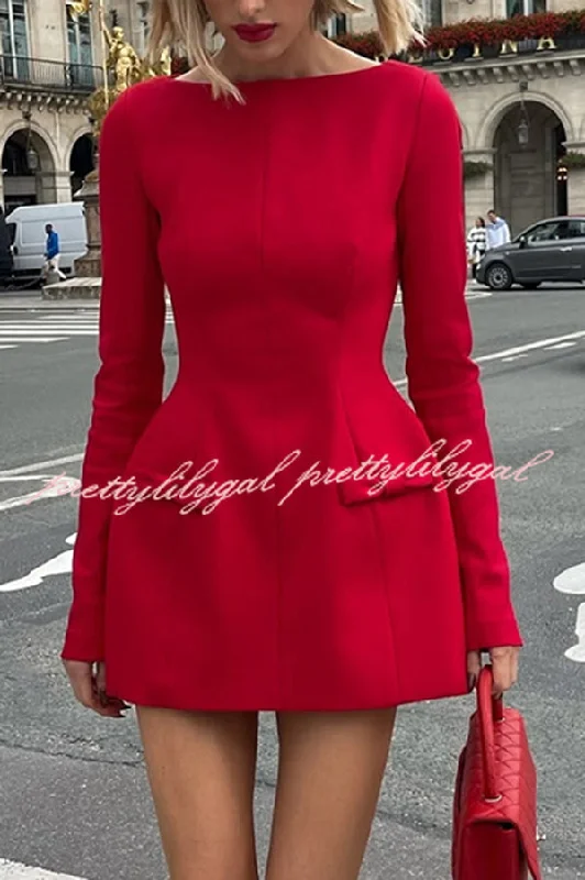 Clothes For Sale Budding Elegance Bow Detail Boat Neck Long Sleeve Mini Dress