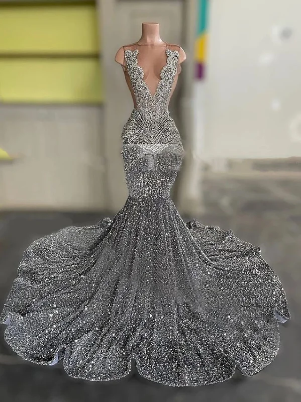 Big Savings Luxury Crystal Black Girls Prom Dresses Sparkly Beads Mermaid Velvet Sequins Gray Formal Evening Gowns Maxi Graduation Party