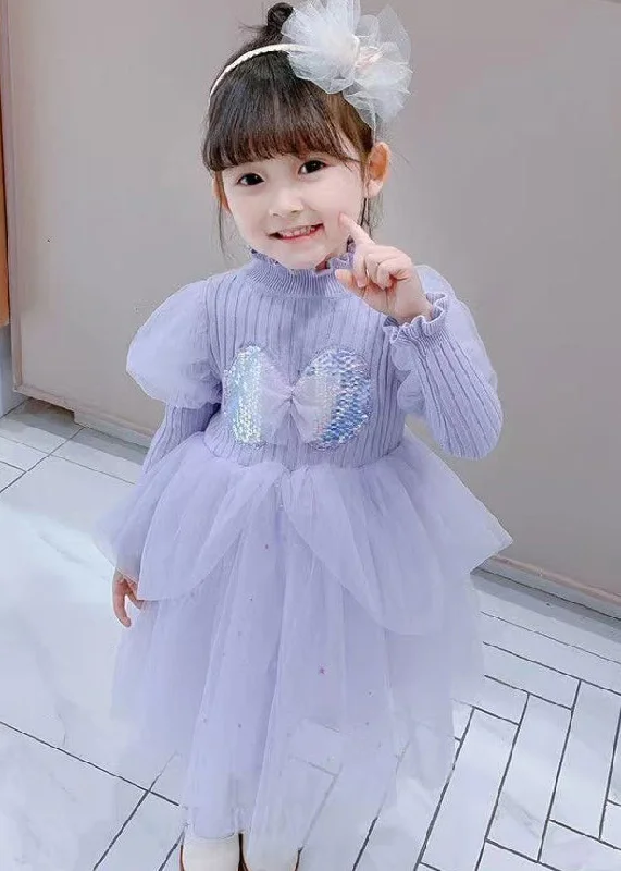 Women’s Seasonal Fashion Trends Cute Purple Ruffled Sequins Patchwork Warm Fleece Kids Girls Dress Winter