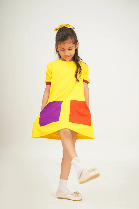 Edgy Fashion Girls 100% Cotton Knit Dress with color block patch - Yellow