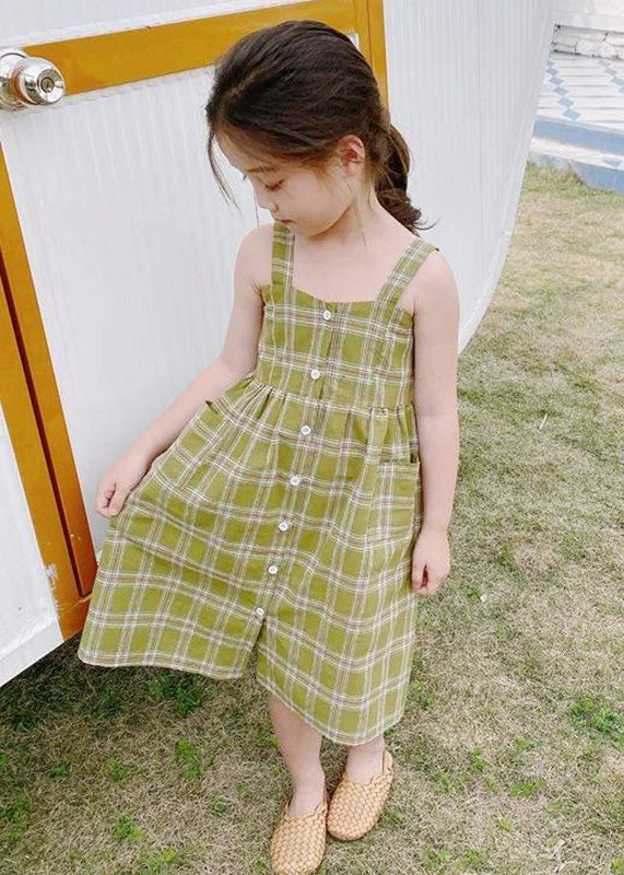 Huge Discounts This Week Fashion Green Square Collar Plaid Patchwork Button Girls Long Dress Sleeveless