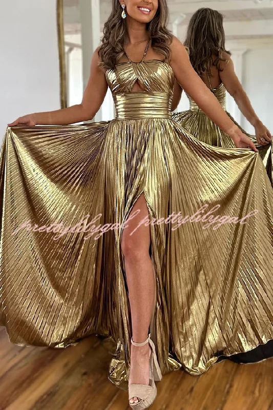 Clearance Event Queen Style Metallic Fabric Cross Neck Cutout Slit Pleated Maxi Dress