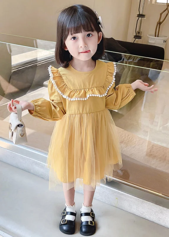 Buy More, Save More Yellow Button Tulle Patchwork Cotton Kids Girls Dress Long Sleeve