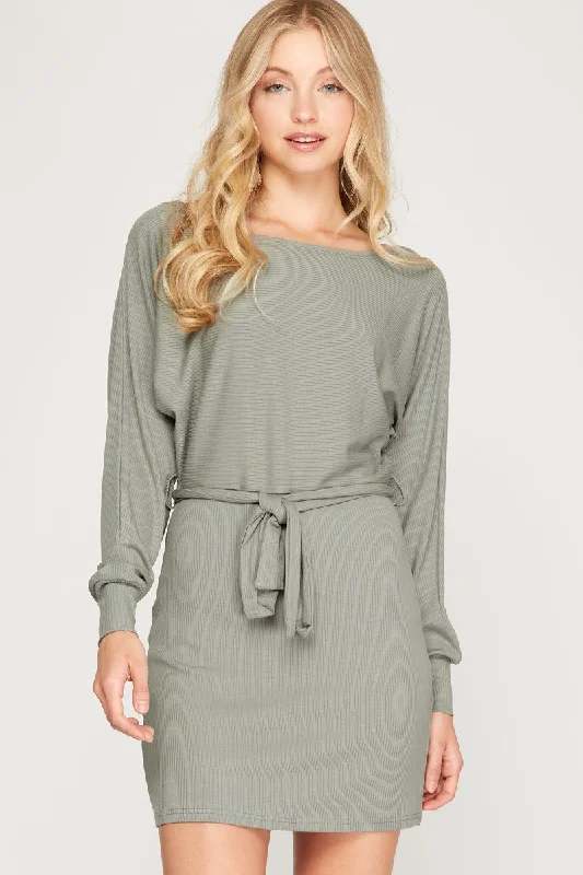 New Styles Just In SLATE RIB KNIT DOLMAN LONG SLEEVES SASH WAIST MINI DRESS SS6213