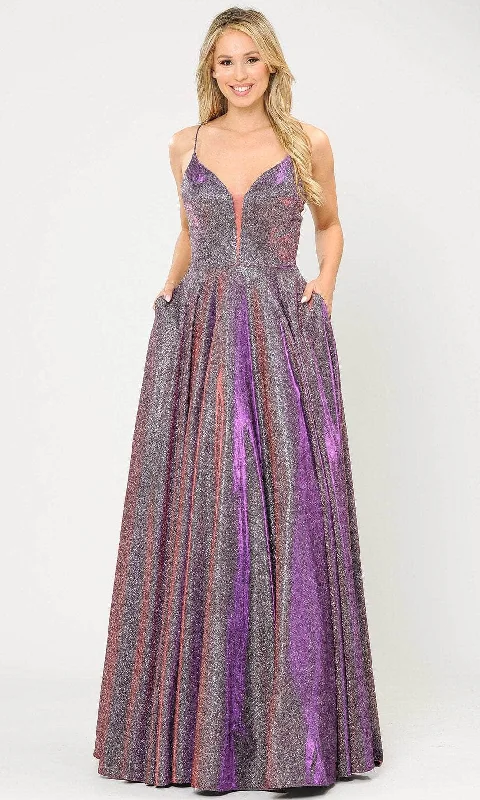 Sale Clothes Online Poly USA 8556 - Glittered Deep V-neck A-Line Gown