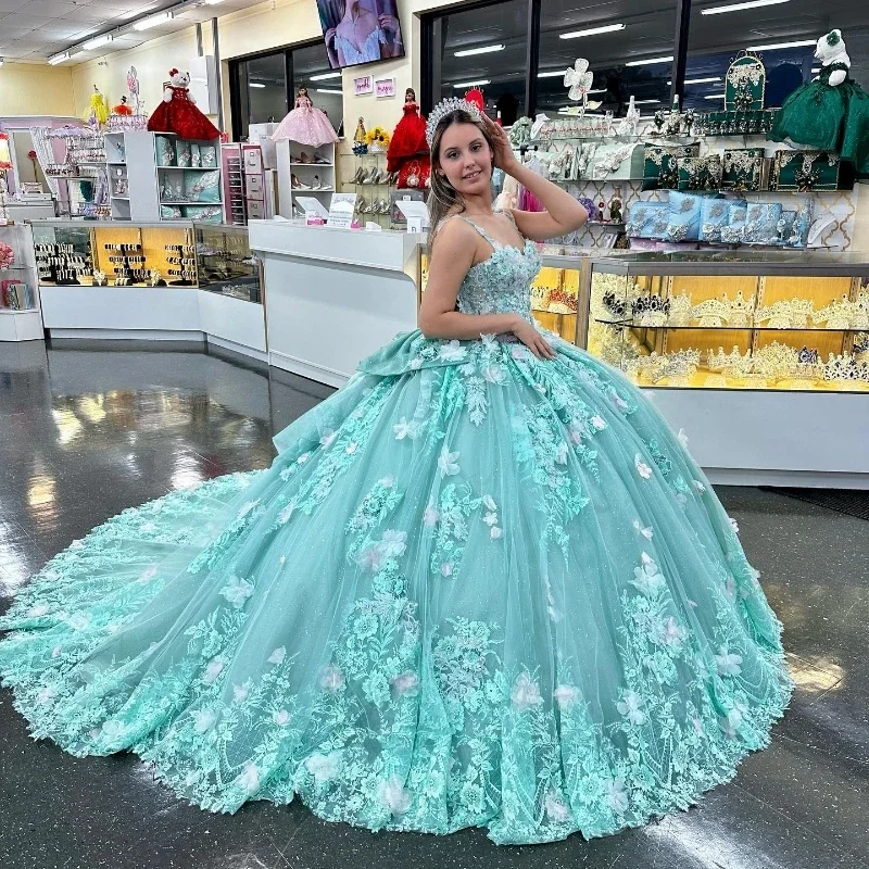 Vibrant Styles Light Green Shiny Sweetheart Ball Gown Quinceanera Dresses For Girls Beaded Birthday Party Gowns Lace Up Back Graduation 3D Flow