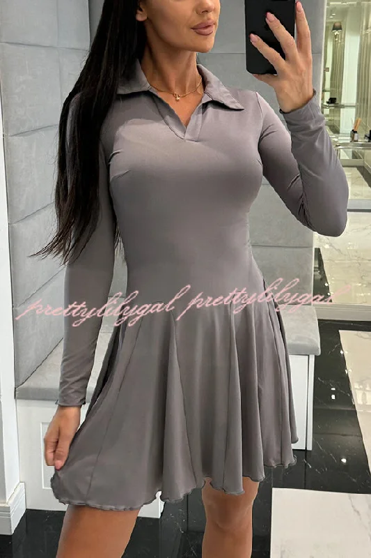 Comfortable Clothes Solid Color Lapel Long Sleeve Slim Fit Waist Mini Dress