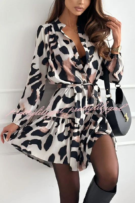 Fashionable Dresses for Women Fashion Leopard Print Long Sleeve Tie Waist Mini Dress