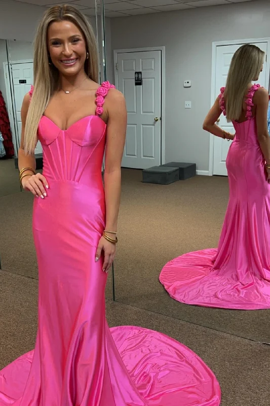 Exclusive Sale Hot Pink Floral Straps Mermaid Satin Long Prom Dress