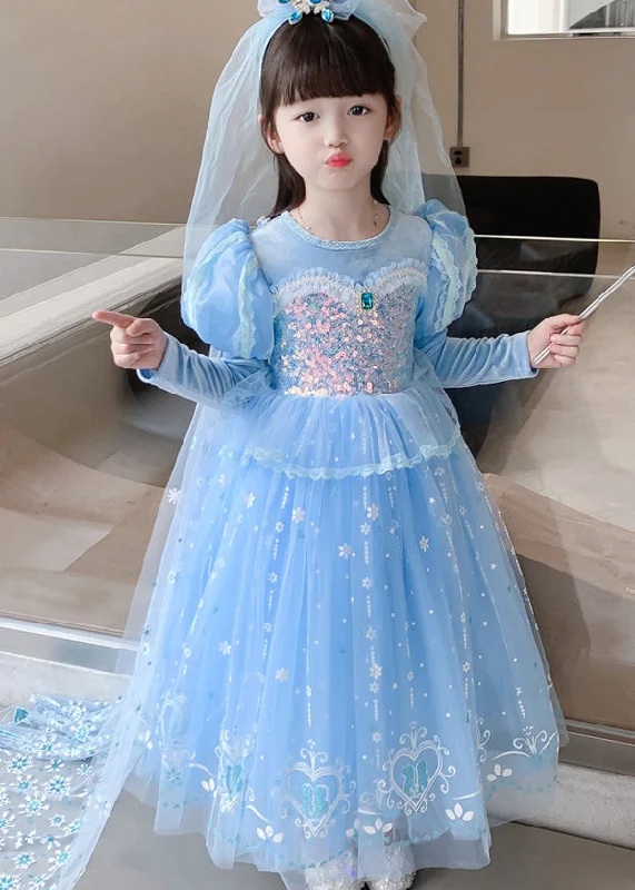 Don't Miss Out Cute Blue Ruffled Sequins Patchwork Tulle Kids Girls Princess Dresses Fall