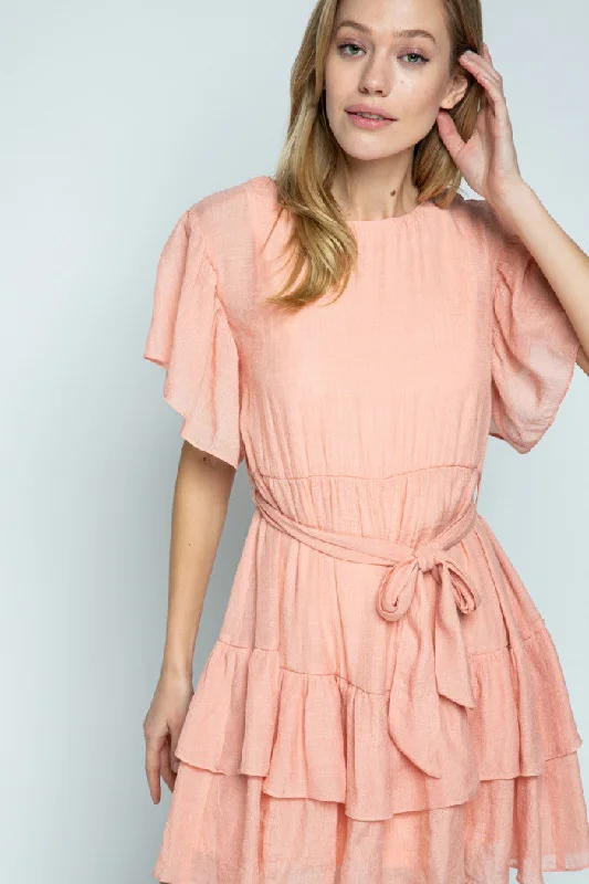 Limited Time Offer BLUSH ROUND NECK RUFFLED SLEEVES AND HEM MINI DRESS MDR8251