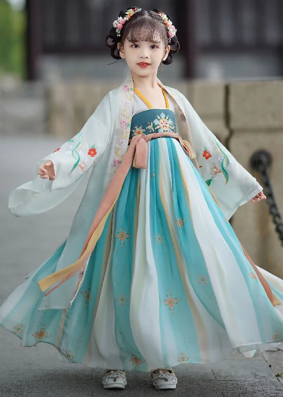 Step Ahead, Lead The Trend Vintage Blue Embroideried Wrinkled Patchwork Chiffon Kids Girls Long Dresses Summer