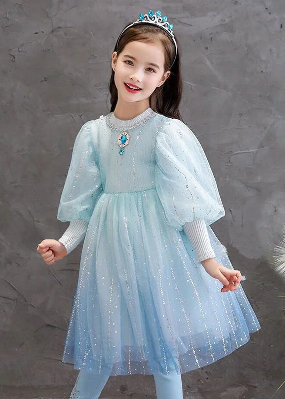 Luxury Women’s Clothing Stylish Blue O Neck Sequins Patchwork Tulle Baby Girls Princess Dress Fall