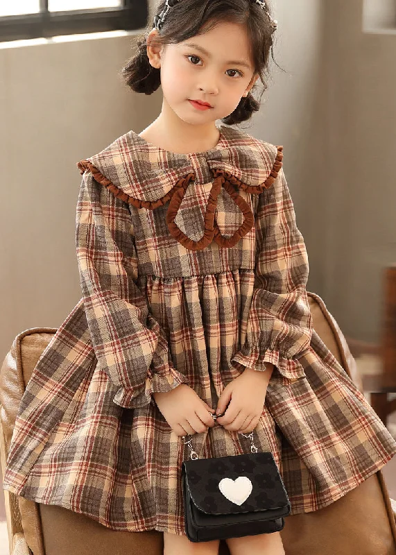 Huge Price Cut Beautiful Coffee Peter Pan Collar Plaid Patchwork Cotton Kids Girls Dresses Fall