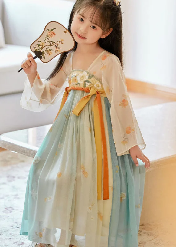 Bid Farewell To The Old Season Boutique Gradient Color Embroideried Wrinkled Chiffon Kids Girls Long Dresses Summer