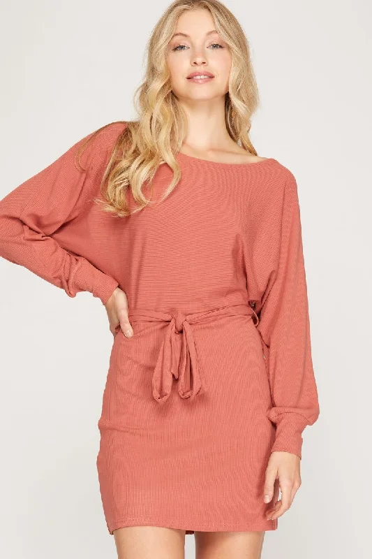 Must Haves CINNAMON RIB KNIT DOLMAN LONG SLEEVES SASH WAIST MINI DRESS SS6213