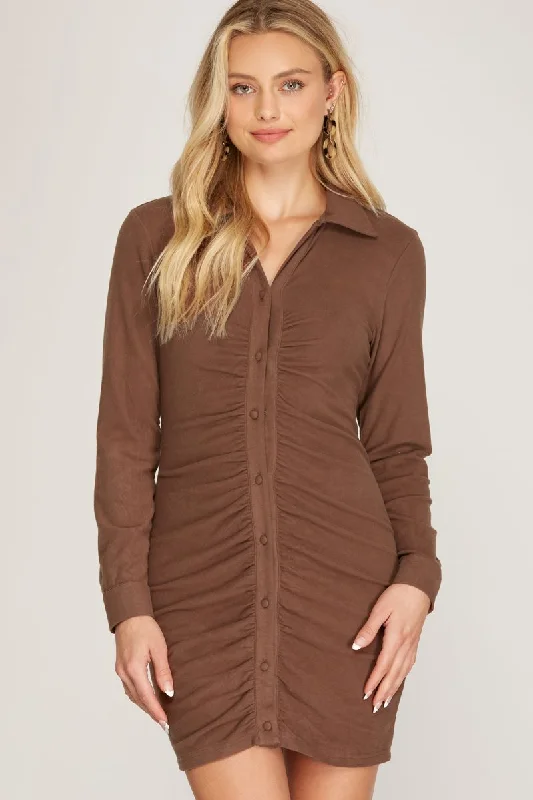 Season Offer MOCHA BRUSHED STRETCH KNIT BUTTON DOWN SHIRRED SHIRT MINI DRESS SS8731