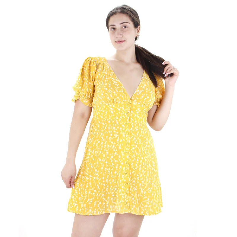 Unleash Your Trendy Side Women's V-Neck Floral Shirt Dress,Yellow