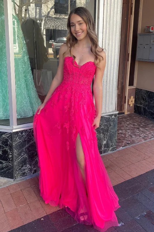 Big Savings Hot Pink Strapless Floral Appliques A-line Long Prom Dress with Slit