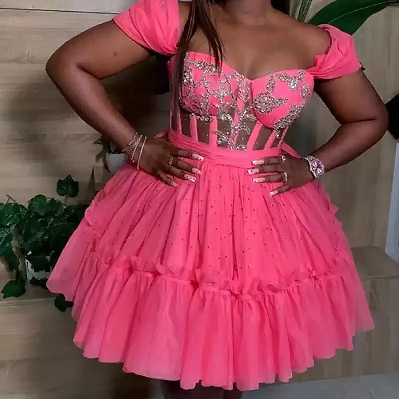 Exclusive Sale Watermelon SHort Cocktail Party Dress Off The Shoulder Capped Beads Sequins A Line Black Girls Birthday Dress For Photo Shoot