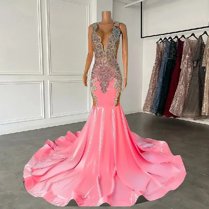 Colorful Clothing Luxury Long Prom Dresses Sheer Mesh Sparkly Beaded Diamond Women Mermaid Style Back Girls Pink Prom Gala Formal Gowns