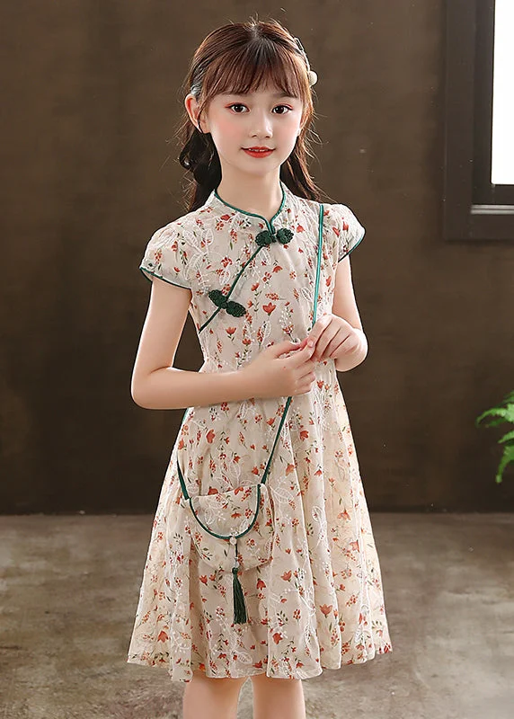 Easygoing Women’s Style 2024 New Green Stand Collar Print Girls Maxi Dresses Short Sleeve