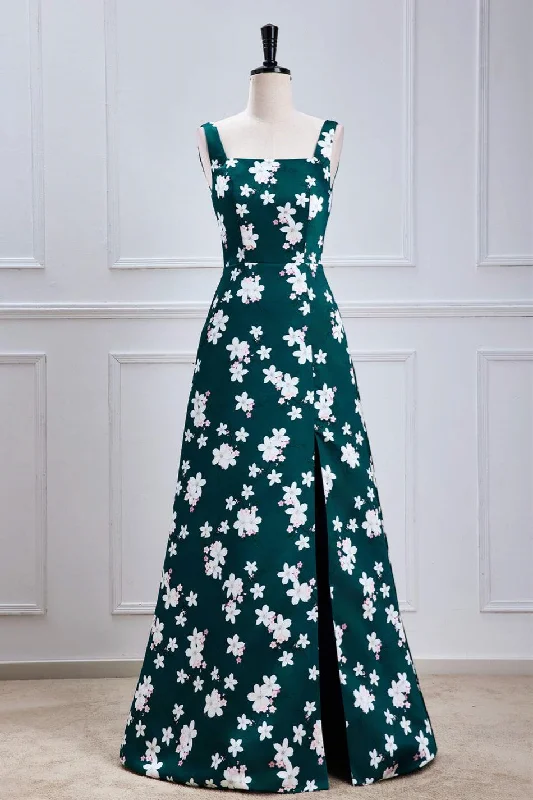 Best Sellers Green Floral A-line Satin Long Bridesmaid Dress with Slit