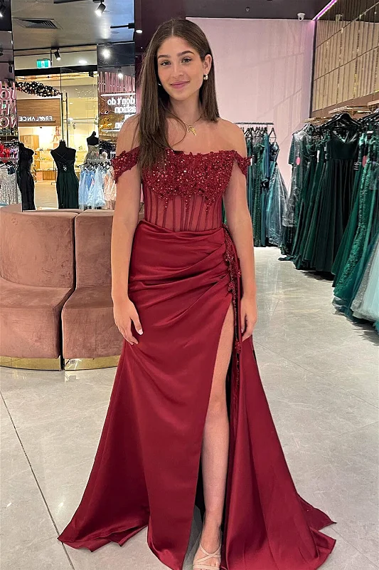 Latest Trends Red Off-Shoulder Mermaid Floral Rhinestones Long Prom Dress with Slit