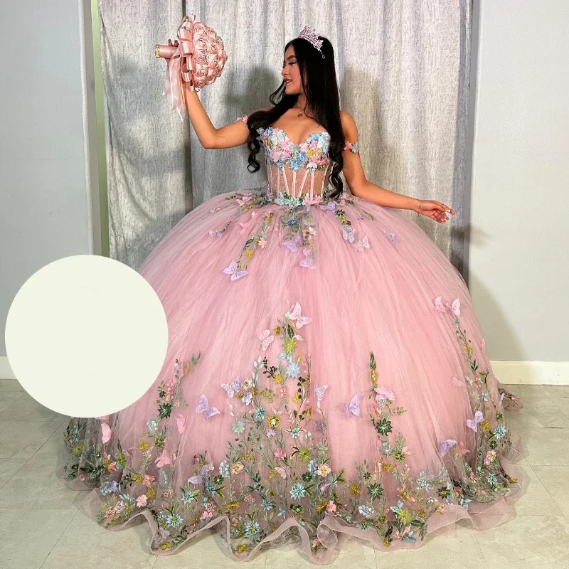 Trendy Fashion For Women Pink Princess Lace Appliques Bow Beading Tull Off The Shoulder Quinceanera Dresses Girls Ball Gown Sweet Vestidos De 15 Años