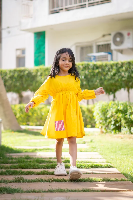 City Fashion Girls Mulmul Asymmetrical Solid Sunny Yellow Dress