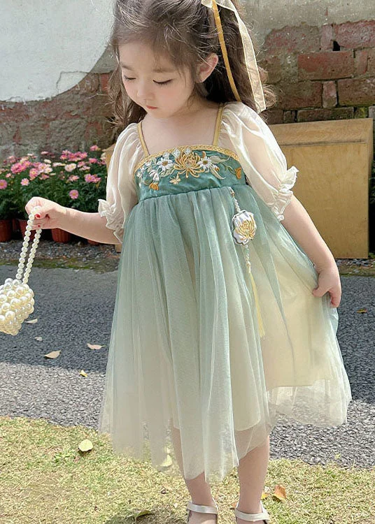 Trendy Street Style Attire Cute Green Ruffled Embroideried Patchwork Chiffon Kids Girls Dresses Summer