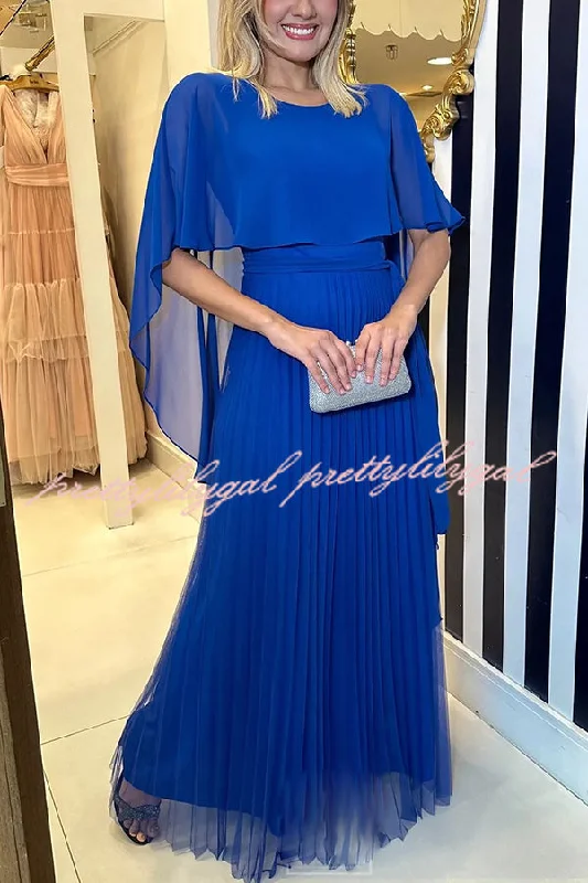 Online Boutiques Clothing Ready for Holiday Cape Sleeve Tie-up Pleated Maxi Dress