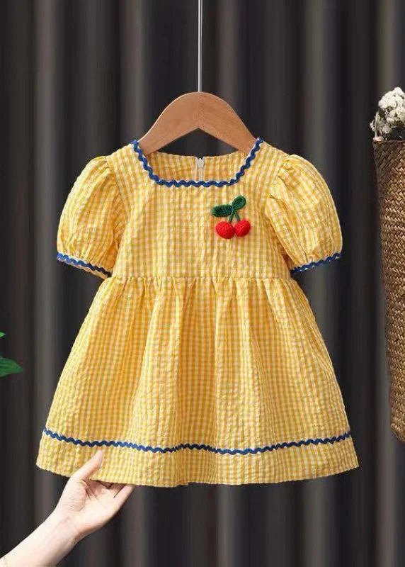 Trend Setting Threads Lovely Yellow Plaid Floral Patchwork Cotton Baby Maxi Dress Short Sleeve