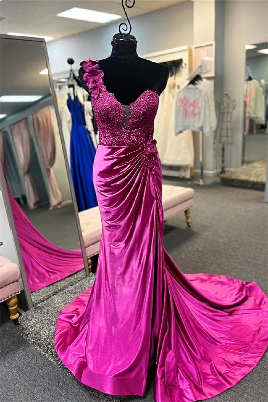 Special Offer Fuchsia One Shoulder Floral Mermaid Long Prom Dress