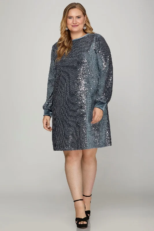 Modern Women’s Fashion with Vintage Touches BLUE GREY SEQUIN ROUND NECK VELVET CONTRAST PLUS SIZE MINI DRESS SPSY7835