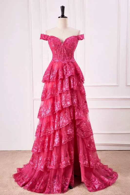 Trend Alert Hot Pink Off-Shoulder Floral Sequined Layers Long Prom Dress with Slit