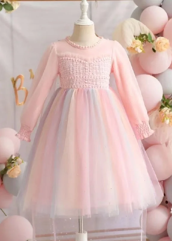 Unique Women’s Fashion Pieces Cute Pink Ruffled Patchwork Tulle Baby Girls Dresses Fall