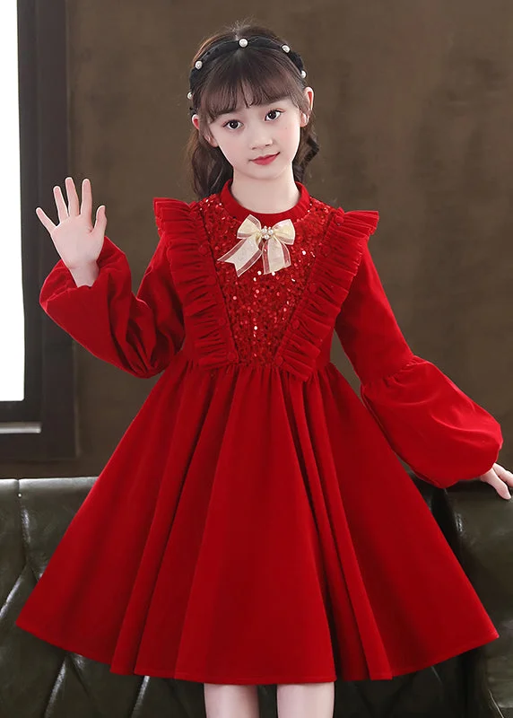 Plus Size Women’s Fashion Lovely Red Ruffled Sequins Patchwork Warm Fleece Baby Girls Dress Winter