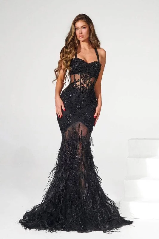 Casual Fashion Trends for Women Portia and Scarlett - PS22120 Beaded Sleeveless Feathered Trumpet Gown