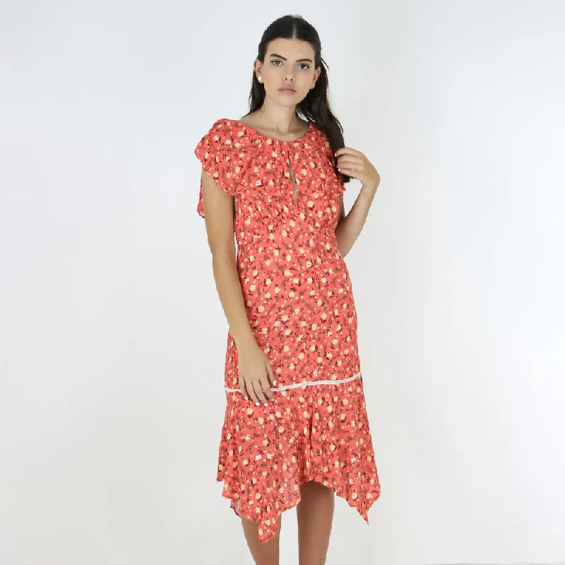 Innovate Your Wardrobe Women's Ruffled Floral Casual Midi Dress,Coral