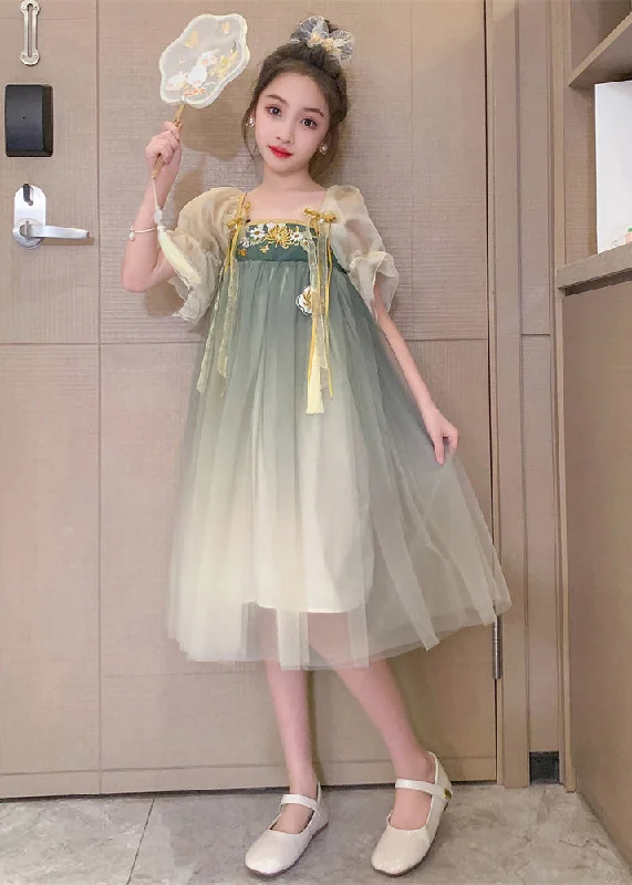 Chic Women’s Outfit Ideas Cute Grey Green Square Collar Embroideried Patchwork Wrinkled Tassel Tulle Kids Girls Maxi Dresses Short Sleeve