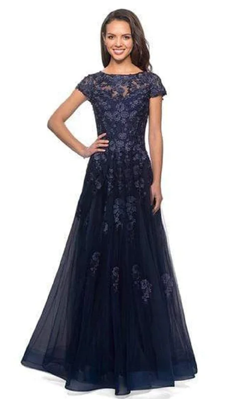 Sale For Women La Femme - Short Sleeves Lace Tulle Evening Gown 26907SC - 1 pc Navy In Size 16 Available