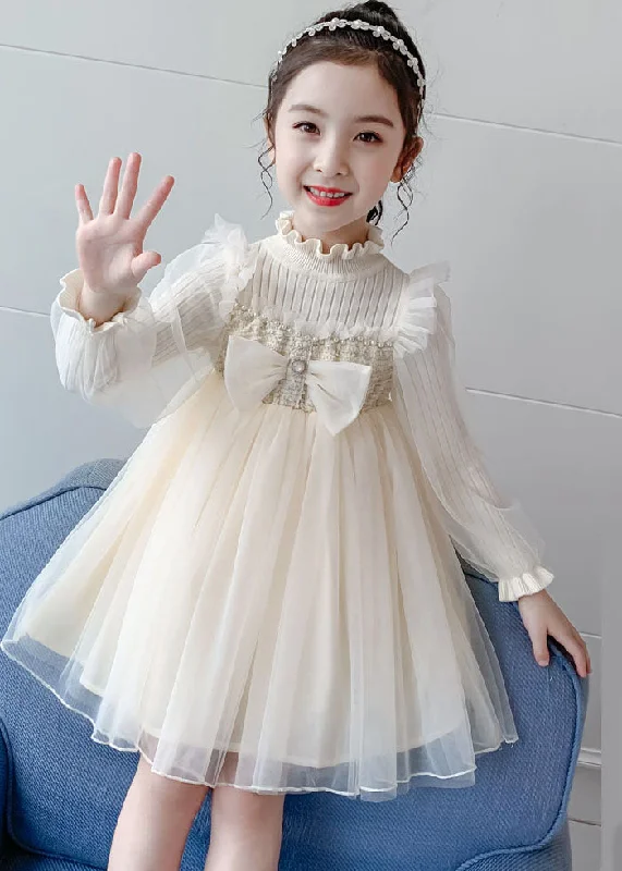 Attire Sale Apricot Nail bead Knit Patchwork Tulle Girls Long Dress Long Sleeve