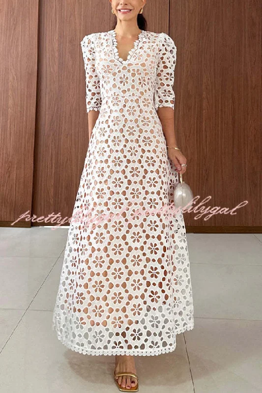 Urban Femme Streetwear Best Day Ever Crochet Floral Lace Puff Sleeve Lined Maxi Dress