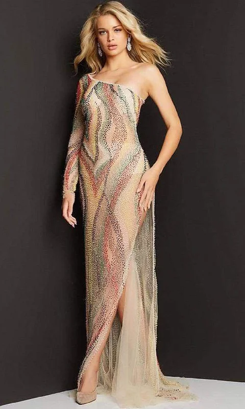 Trendy New Clothes Jovani - 06741 Beaded Multicolor Slit Sheer Gown