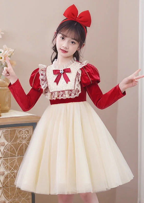 Everyday Women’s Fashion Trends Stylish Red Ruffled Tulle Patchwork Warm Fleece Kids Girls Dress Winter