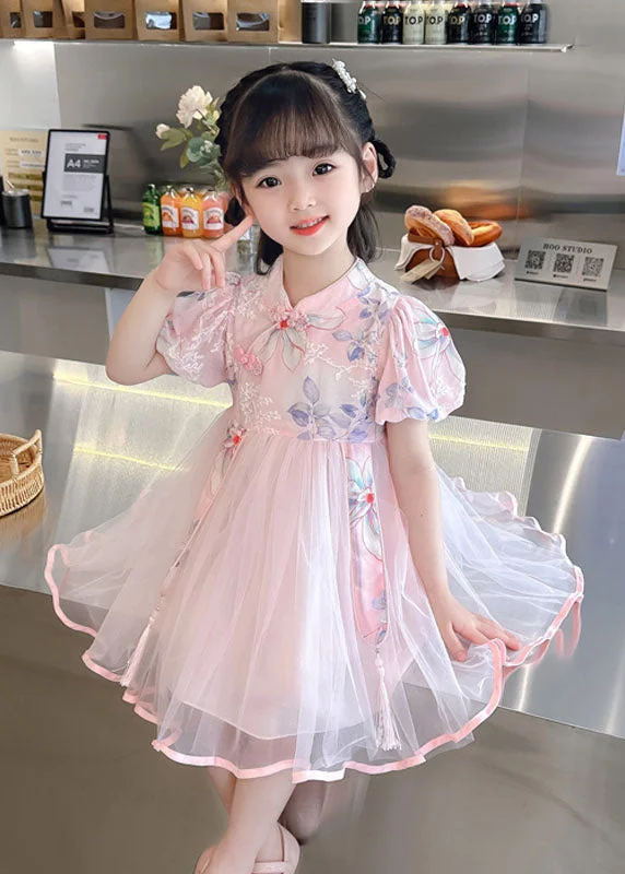 Vintage Style Clothing Sale Cute Pink Print Wrinkled Patchwork Tulle Kids Girls Dresses Summer