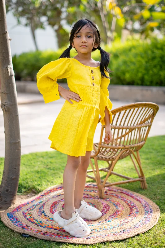 Online Boutique Clothing Girls Summer Cotton Dress with Pintuck Detailing - Yellow