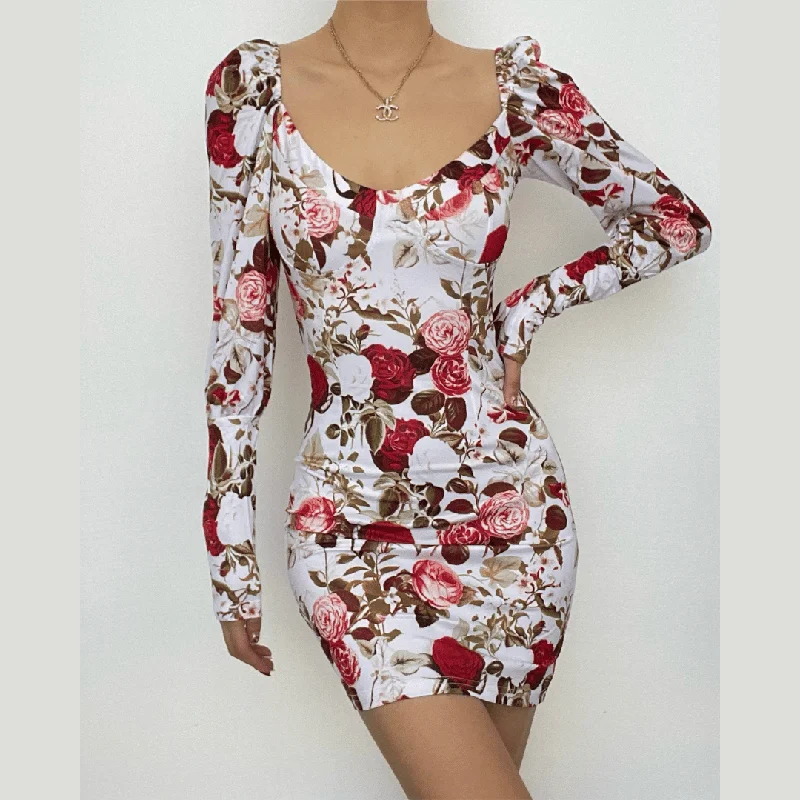 Vibrant Femme Fashion Square neck long sleeve contrast flowers print mini dress